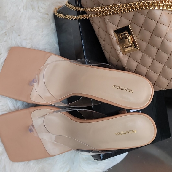 PrettyLittleThing Shoes - PLT Tan Clear Toe Thong High Heeled Mules